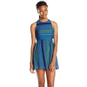 Roxy blue green stripe halter open back mini cotton dress womens XS